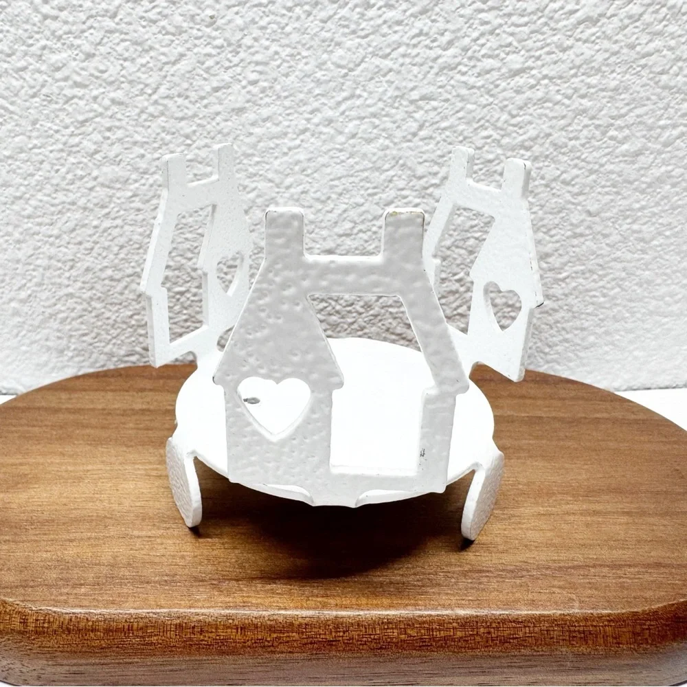 Cast Metal Cutout House Hammered Enamel Candle Holders
